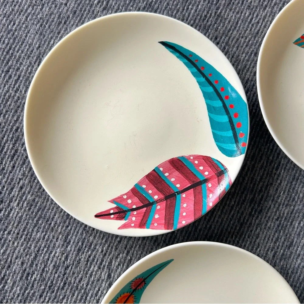 PAPER SOURCE ‘16 4-pcs Leaves Feathers Coll Hand-painted Matte Plates #0310267